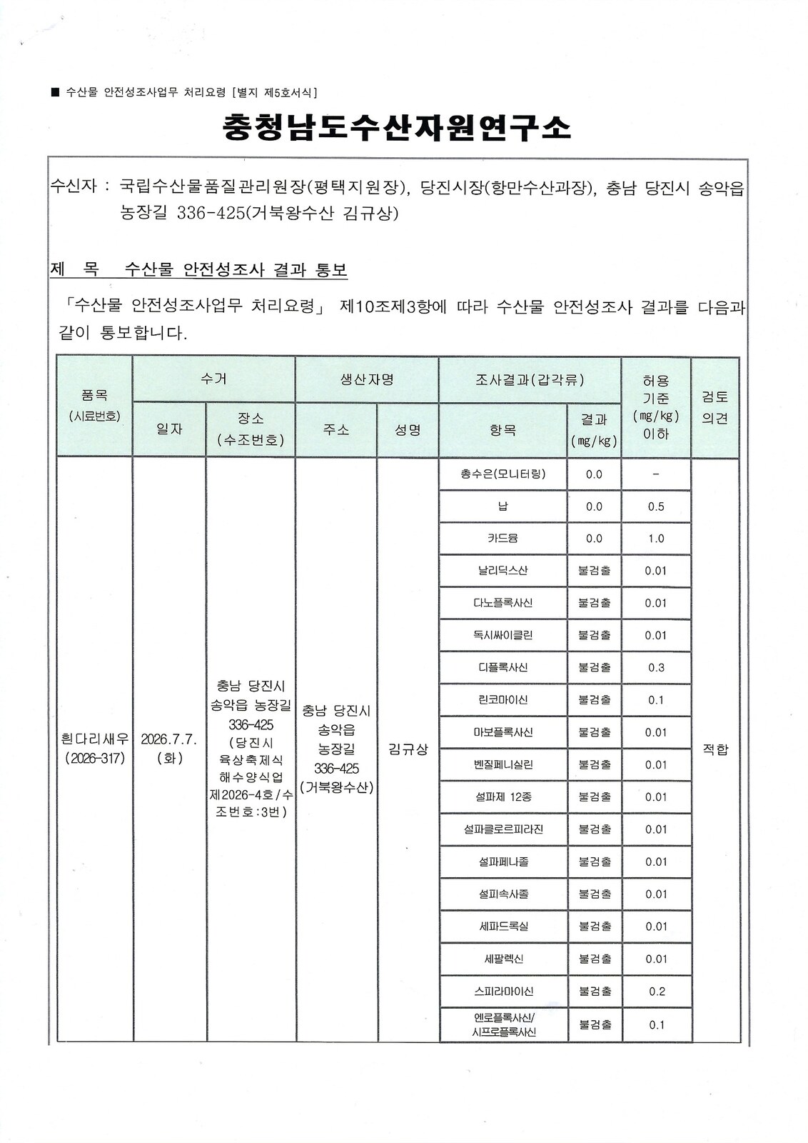 거북왕수산 안전성 조사 자료
